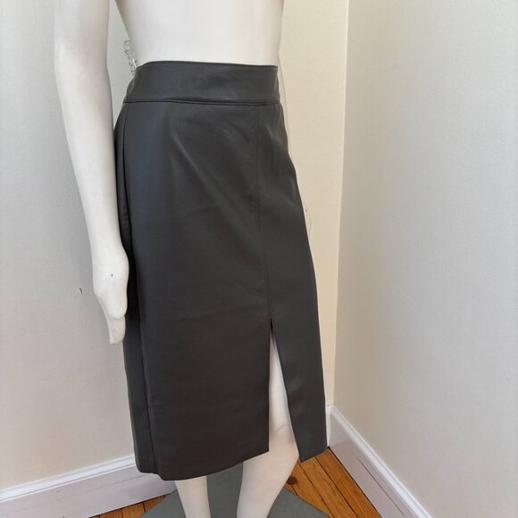 ELIE TAHARI Front Slit Faux Leather Midi Pencil Skirt in Olive Brown SZ 8 - Picture 4 of 11